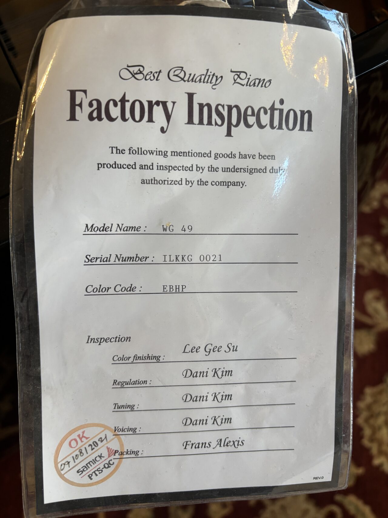 samick inspection tag